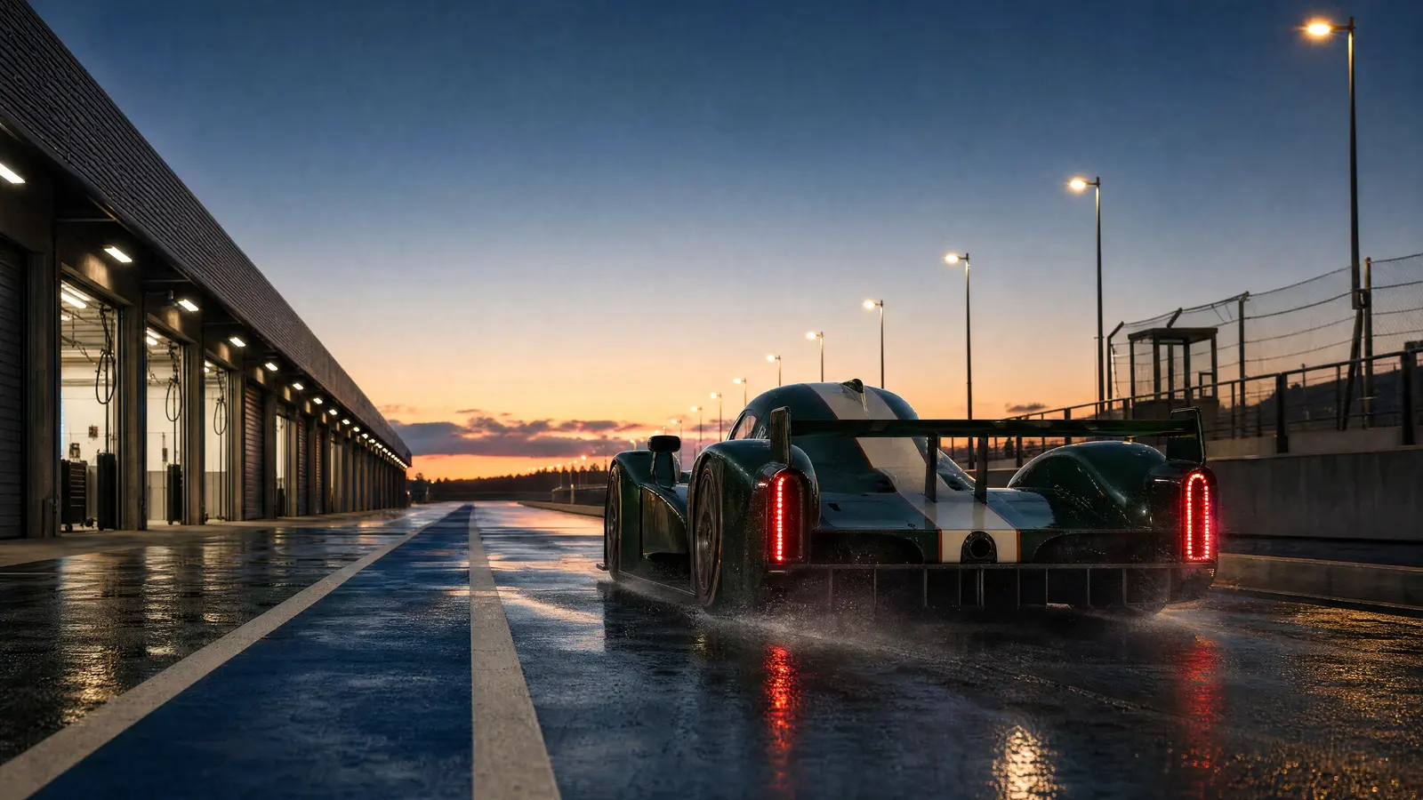 At dawn, the green race car pulls out of the wet pit lane toward the track, tail lights glowing.